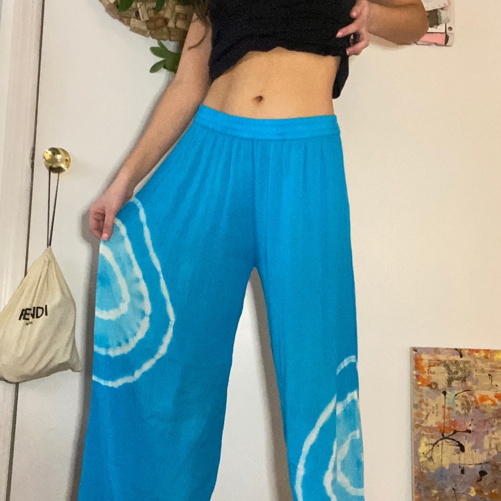 Blue beach rayon flowy pants